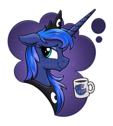Size: 2974x3304 | Tagged: safe, artist:selenophile, princess luna, alicorn, pony, g4, bust, coffee, crown, female, floppy ears, freckles, high res, jewelry, looking back, mare, mug, obtrusive watermark, portrait, regalia, s1 luna, simple background, smiling, solo, transparent background, watermark
