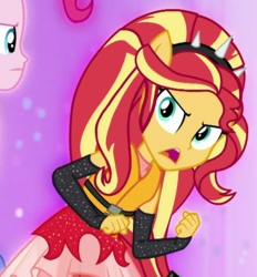 Size: 869x935 | Tagged: safe, screencap, pinkie pie, sunset shimmer, equestria girls, equestria girls specials, g4, my little pony equestria girls: better together, my little pony equestria girls: spring breakdown, clothes, cropped, determined, dress, fingerless gloves, gloves, lifejacket, offscreen character, offscreen human, open mouth, ponied up, sleeveless, super ponied up
