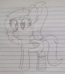 Size: 425x484 | Tagged: safe, artist:nightshadowmlp, oc, oc only, oc:circus paparazzi, pegasus, pony, clothes, female, hair bow, lined paper, mare, smiling, socks, solo, traditional art, wings