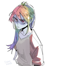 Size: 1121x968 | Tagged: safe, artist:dusty-munji, rainbow dash, human, equestria girls, g4, alternate hairstyle, clothes, female, shirt, simple background, solo, white background