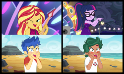Size: 3992x2392 | Tagged: safe, edit, editor:sonic ranger, flash sentry, sci-twi, sunset shimmer, timber spruce, twilight sparkle, equestria girls, equestria girls specials, g4, my little pony equestria girls: better together, my little pony equestria girls: spring breakdown, all good (song), female, guitar, high res, lifeguard timber, male, microphone, one eye closed, ship:flashimmer, shipping, shipping war in the comments, sleeveless, starry eyes, starstruck, straight, timbertwi, updated, wingding eyes, wink