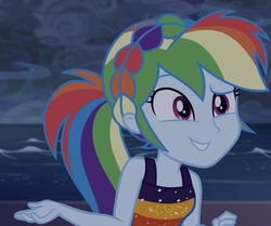 Size: 897x750 | Tagged: safe, screencap, rainbow dash, equestria girls, equestria girls series, spring breakdown, spoiler:eqg series (season 2), alternate hairstyle, bare shoulders, braid, clothes, cloud, cloudy, cropped, cruise outfit, cute, dashabetes, dress, female, headband, ocean, ponytail, railing, sleeveless, sleeveless dress, smiling, solo, stormcloud, wave