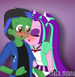 Size: 1232x1264 | Tagged: safe, artist:cyber-murph, aria blaze, oc, oc:thunderspeak, equestria girls, g4, blushing, commission, cute, eyes closed, glasses, jewelry, pendant, pigtails, signature