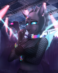 Size: 2500x3128 | Tagged: safe, artist:mintjuice, oc, oc only, oc:trill, changeling, anthro, anthro oc, bedroom eyes, bikini, bikini top, breasts, candy, changeling oc, choker, cleavage, clothes, crowd, ear piercing, female, food, glow rings, high res, horn, horn ring, lollipop, looking at you, mare, mesh, party, piercing, rave, ring, solo focus, spotlight, swimsuit, wings, ych result