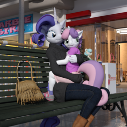 Size: 2000x2000 | Tagged: safe, artist:tahublade7, coco pommel, rarity, sweetie belle, unicorn, anthro, plantigrade anthro, g4, 3d, butt touch, clothes, cute, daz studio, female, filly, hand on butt, high res, jeans, mare, pants, siblings, sisters