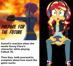 Size: 1464x1312 | Tagged: safe, artist:uotapo, sunny flare, sunset shimmer, equestria girls, g4, game stream, my little pony equestria girls: better together, fallout, fallout 76, gamer sunset, pipboy, sunny flare's wrist devices, text