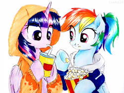 Size: 1031x775 | Tagged: safe, artist:liaaqila, rainbow dash, twilight sparkle, alicorn, pegasus, pony, g4, accessory, alternate hairstyle, chest fluff, clothes, cute, drink, drinking, duo, duo female, ear fluff, eating, female, food, hoodie, horn, lesbian, mare, marker, ponytail, popcorn, ship:twidash, shipping, simple background, smiling, snacks, soda, sweater, traditional art, twilight sparkle (alicorn), white background