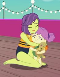 Size: 567x725 | Tagged: safe, screencap, victoria, water lily (g4), turtle, equestria girls, equestria girls series, g4, spring breakdown, spoiler:eqg series (season 2), clothes, cropped, cute, daaaaaaaaaaaw, eyes closed, feet, female, hug, lifejacket, mother and daughter, plushie, sweet dreams fuel, swimsuit, toddler