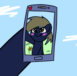 Size: 799x794 | Tagged: source needed, safe, artist:joel jacob, oc, oc only, oc:joel jacob, earth pony, pony, blushing, camera shot, flower, heart, male, phone screen, selfie, solo, sticker