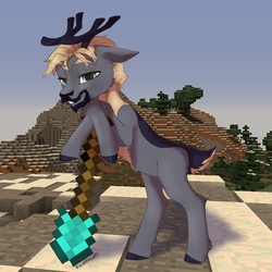 Size: 2000x2000 | Tagged: safe, artist:kotya, oc, deer, pony, reindeer, beard, colored hooves, facial hair, high res, male, minecraft, ponified, shovel, streamer, sweat, zimtok5