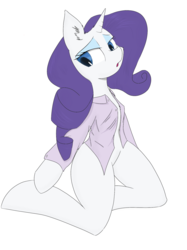 Size: 1438x1920 | Tagged: safe, artist:blueone, rarity, unicorn, semi-anthro, g4, accessory, arm hooves, blue eyes, button-up shirt, clothes, eyebrows, eyelashes, horn, looking down, makeup, no tail, shirt, white