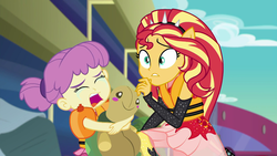 Size: 1920x1080 | Tagged: safe, screencap, sunset shimmer, water lily (g4), equestria girls, equestria girls specials, g4, my little pony equestria girls: better together, my little pony equestria girls: spring breakdown, crying, female, lifejacket, plushie, ponied up, super ponied up, toddler