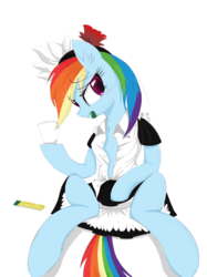 Size: 1438x1920 | Tagged: safe, artist:blueone, rainbow dash, pegasus, pony, clothes, cup, female, flower, looking at you, maid, maid headdress, mare, rainbow maid, shirt, skirt, solo, underwear, upskirt, white underwear