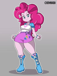 Size: 3240x4320 | Tagged: safe, alternate version, artist:chivox00, pinkie pie, equestria girls, g4, boots, breasts, busty pinkie pie, clothes, cute, cutie mark on clothes, female, looking at you, miniskirt, moe, shoes, simple background, skirt, solo, thighs, thunder thighs