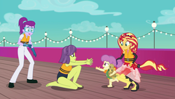 Size: 1920x1080 | Tagged: safe, screencap, mauve violette, sunset shimmer, victoria, water lily (g4), equestria girls, equestria girls series, g4, spring breakdown, spoiler:eqg series (season 2), clothes, cruise ship staff, female, lifejacket, mother and child, mother and daughter, ponied up, swimsuit, toddler