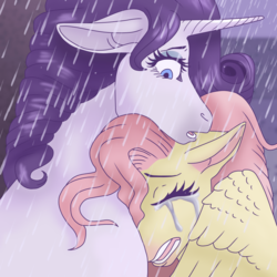 Size: 800x800 | Tagged: safe, artist:guidomista, derpibooru exclusive, fluttershy, rarity, pegasus, pony, unicorn, g4, bangs, big ears, big eyelashes, city, crying, curls, curly hair, curly mane, emotional, female, floppy ears, frown, gray, grimace, head on shoulder, hiding, hoers, horn, leaning, lesbian, long ears, long eyelashes, long muzzle, love, manehattan, mare, messy mane, open mouth, outdoors, rain, realistic anatomy, realistic wings, romance, romantic, sad, ship:flarity, shipping, shoulder, sidewalk, sitting, sobbing, surprised, teeth, white, wide eyes, wings, yellow