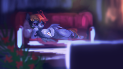 Size: 1920x1080 | Tagged: safe, artist:hierozaki, rainbow dash, pegasus, pony, love letters: colourless, g4, couch, female, letter, love letter, mare, solo, vylet pony