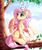 Size: 2477x2928 | Tagged: safe, artist:airiniblock, angel bunny, fluttershy, pegasus, pony, rcf community, g4, anatomically incorrect, collaboration, cute, dappled sunlight, duo, female, floral head wreath, flower, high res, human shoulders, looking up, mare, outdoors, raised hoof, sitting, smiling, spread wings, tree, tree branch, turned head, wings