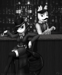 Size: 1080x1316 | Tagged: safe, artist:shamziwhite, rarity, anthro, unguligrade anthro, g4, sparkle's seven, bar, bartender, bow, bowtie, clothes, coat, detective, detective rarity, duo, facial hair, female, glass, grayscale, hat, juice jackie, male, monochrome, moustache, noir, stockings, thigh highs, unnamed character, unnamed pony, zettai ryouiki