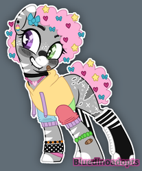 Size: 1252x1510 | Tagged: safe, artist:bluedinoadopts, oc, oc only, oc:alamasi, pony, zebra, afro, bandaid, blue background, boots, bow, bracelet, choker, clothes, cute, ear piercing, earring, female, freckles, grin, hair bow, hairpin, heart, heterochromia, hoodie, jewelry, mismatched socks, piercing, shoes, simple background, smiling, snake bites, socks, solo, starry eyes, stars, striped socks, wingding eyes, wristband, zebra oc