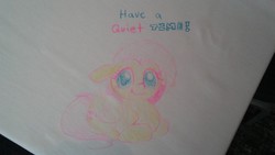 Size: 1280x720 | Tagged: safe, artist:furseiseki, fluttershy, pony, g4, crayon drawing, tablecloth, traditional art, writing