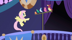 Size: 1280x720 | Tagged: safe, screencap, constance, fluttershy, bird, blue jay, pegasus, pony, friendship is magic, g4, female, flying, mare, perch