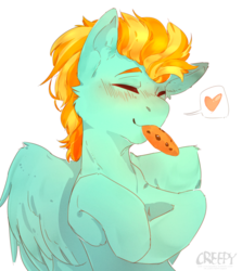Size: 1604x1801 | Tagged: safe, artist:suplolnope, lightning dust, pegasus, pony, g4, adorable face, blushing, bust, cookie, cute, dustabetes, eating, eyes closed, female, fluffy, food, happy, heart, mare, messy mane, mouth hold, nibbling, nom, pictogram, simple background, solo, speech bubble, white background