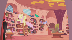 Size: 1280x720 | Tagged: safe, screencap, fluttershy, bird, pony, squirrel, g4, the ticket master, golden oaks library
