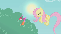Size: 1280x720 | Tagged: safe, screencap, constance, fluttershy, bird, pegasus, pony, worm, dragonshy, g4, eyes closed, female, flying, mare, spit, spitting, tongue out