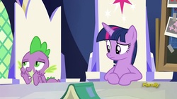 Size: 1920x1080 | Tagged: safe, screencap, spike, twilight sparkle, alicorn, dragon, pony, g4, sparkle's seven, book, cutie map, friendship throne, twilight sparkle (alicorn), winged spike, wings