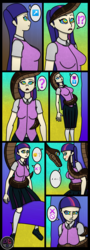 Size: 1442x4000 | Tagged: safe, artist:ordeperv, twilight sparkle, human, snake, comic:twilight and kaa, g4, abstract background, clothes, coils, crossover, devil horns, exclamation point, humanized, hypnosis, interrobang, kaa, kaa eyes, looking up, mind control, pictogram, question mark, 🚫