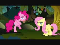 Size: 480x360 | Tagged: safe, screencap, fluttershy, pinkie pie, pony, bridle gossip, g4, bipedal, dancing, duo, evil enchantress, spitty pie