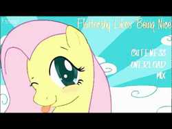 Size: 480x360 | Tagged: safe, artist:foozogz, fluttershy, pegasus, pony, g4, :p, blushing, foozogz, needs more jpeg, one eye closed, sunburst background, tongue out, wink, youtube link, youtube thumbnail