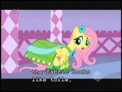 Size: 960x720 | Tagged: safe, edit, edited screencap, screencap, fluttershy, pegasus, pony, g4, suited for success, caption, clothes, dress, female, gala dress, image macro, mare, solo, text
