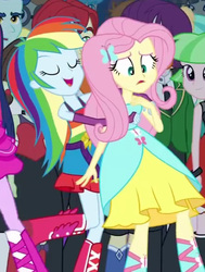 Size: 433x573 | Tagged: safe, screencap, drama letter, fluttershy, rainbow dash, watermelody, equestria girls, g4, my little pony equestria girls, boots, clothes, cropped, dress, fall formal outfits, female, hug, shoes, suit, tuxedo