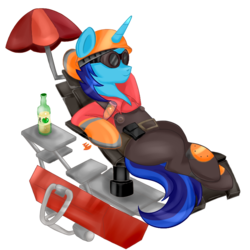 Size: 800x800 | Tagged: safe, artist:elimicho, oc, oc only, oc:dial liyon, pony, unicorn, cider, engineer, engineer (tf2), hard hat, rancho relaxo, simple background, sitting, solo, team fortress 2, transparent background