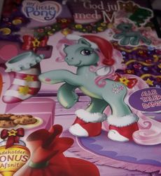 Size: 1819x1981 | Tagged: safe, minty, pony, a very minty christmas, g3, 2005, christmas, christmas tree, clothes, cookie, cover, decoration, denmark, dubs, dvd, female, food, hat, heart, holiday, holiday special, mare, my little pony, photo, rearing, region 2 dvds, sack, santa hat, santa sack, socks, sticker, stockings, thigh highs, tree, used