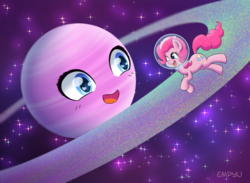 Size: 1000x733 | Tagged: safe, artist:empyu, pinkie pie, earth pony, pony, g4, sparkle's seven, astronaut, astronaut pinkie, cute, diapinkes, female, mare, planet, saturn, solo, space, space helmet, tangible heavenly object, weapons-grade cute
