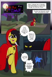 Size: 3600x5333 | Tagged: safe, artist:takaneko13, oc, oc only, oc:nyn indigo, oc:zedwin, earth pony, original species, pony, timber pony, timber wolf, comic:little red and the big bad wolf, clothes, comic, cute, dialogue, everfree forest, female, heterochromia, hoodie, lingerie, little red riding hood, moon, night, poison joke, red underwear, sexy, shadows, species swap, stars, text, tree, underwear