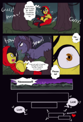 Size: 3600x5333 | Tagged: safe, artist:takaneko13, oc, oc only, oc:nyn indigo, oc:zedwin, bat pony, earth pony, hybrid, original species, pony, timber pony, timber wolf, comic:little red and the big bad wolf, begging, clothes, comic, cute, dialogue, everfree forest, female, heterochromia, hoodie, lingerie, little red riding hood, male, moon, night, poison joke, red underwear, scared, sexy, shadows, species swap, stars, text, tree, underwear