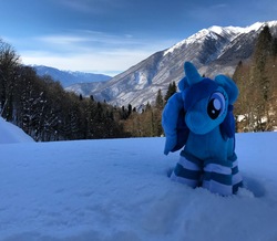 Size: 3470x3020 | Tagged: safe, oc, oc only, oc:spacelight, pony, unicorn, clothes, female, high res, irl, mare, mountain, photo, plushie, russia, scenery, snow, socks, solo, striped socks, winter