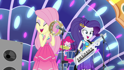 Size: 1920x1080 | Tagged: safe, screencap, fluttershy, pinkie pie, rarity, equestria girls, equestria girls specials, g4, my little pony equestria girls: better together, my little pony equestria girls: spring breakdown, all good (song), drums, female, keytar, microphone, musical instrument, sleeveless, tambourine