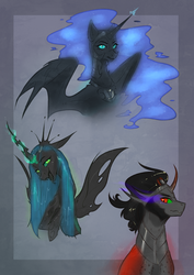 Size: 2480x3508 | Tagged: safe, artist:vincher, king sombra, nightmare moon, queen chrysalis, alicorn, changeling, changeling queen, pony, unicorn, g4, colored horn, curved horn, female, glowing horn, high res, horn, male, mare, quadrupedal, smiling, sombra eyes, stallion, trio