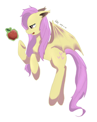 Size: 1124x1420 | Tagged: safe, artist:minor理, fluttershy, bat pony, pony, g4, apple, bat ponified, female, flutterbat, food, looking at something, mare, profile, race swap, simple background, solo, spread wings, white background, wings