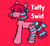 Size: 438x407 | Tagged: safe, artist:pandablossompaint, oc, oc:taffy swirl, earth pony, pony, bow, hair over one eye, hairpin, needs more saturation, simple background, smiling, tail bow, two toned mane