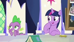 Size: 1920x1080 | Tagged: safe, screencap, spike, twilight sparkle, alicorn, dragon, pony, g4, sparkle's seven, book, cute, cutie map, twiabetes, twilight sparkle (alicorn), winged spike, wings