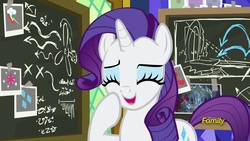 Size: 1920x1080 | Tagged: safe, screencap, rarity, pony, g4, sparkle's seven, chalkboard, female, laughing, mare, solo