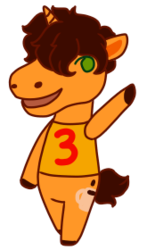 Size: 165x280 | Tagged: safe, artist:guidomista, oc, oc only, oc:triple shot, unicorn, anthro, acnl, animal crossing, animal crossing: new leaf, arm hooves, brown hair, brown mane, brunett, brunette, chibi, clothes, commissions open, curls, curly hair, curly mane, food, green eyes, hooves, horn, orange, ponysona, simple, simplified, smiling, solo, style emulation, waving