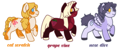 Size: 850x350 | Tagged: safe, artist:guidomista, oc, cat, earth pony, pegasus, pony, unicorn, adoptable, blond, blonde, blue eyes, braid, braided tail, cat toy, curls, curly hair, curly mane, curly tail, design, feather, female, food, for sale, golden eyes, grape, grapes, hooves, horn, long hair, long mane, long tail, looking back, male, mare, markings, ponytail, selling, short mane, spread wings, stallion, straight hair, straight mane, stripes, two toned wings, wings