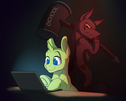 Size: 2500x2000 | Tagged: safe, artist:klarapl, oc, oc only, pony, unicorn, anticipation, bald, computer, cute, dramatic lighting, female, grin, hammer, high res, laptop computer, life, looking at someone, looking at something, male, mare, markings, meme, metaphor, oblivious, ponysona, reality sucks, relatable, school, simple background, sitting, smiling, stallion, standing, yellow eyes